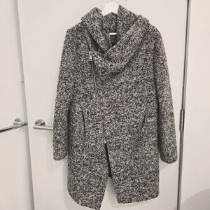 Winter coat with asymmetrical zip and draping cowl neck